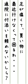 足が痛くて、買い物に最近行けなくって困るわ・・・通院に付添いを頼めないかしら？